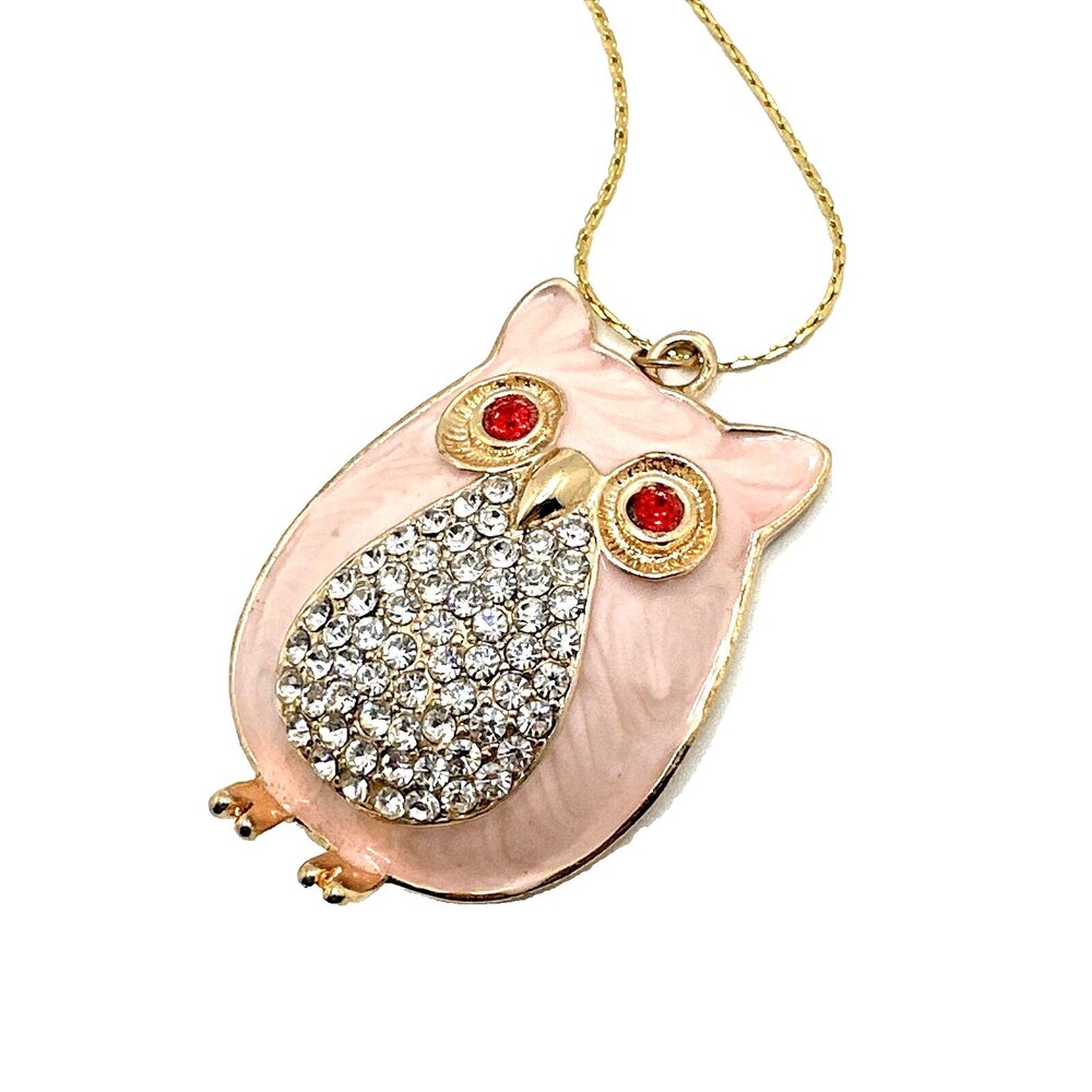 Vintage 80s Large Rhinestone Owl Pendant Necklace Pink Enamel Red Eyes Crystals
